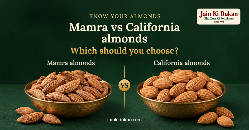 Mamra vs California badam comparison showing the differences between the two almond varieties.